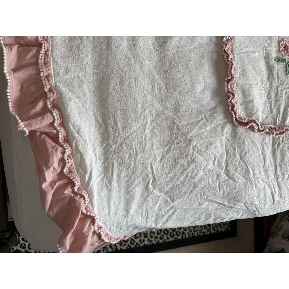 1950's Floral Chenille Bedspread 104”X 96” Shabby Chic Cottagecore Needle Tuft